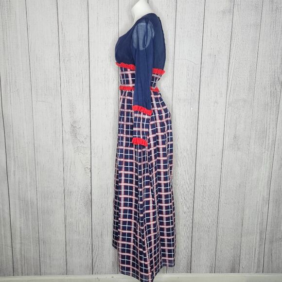 VTG 60s 70s Red/White/Blue Plaid Long Sleeve Prairie Maxi Dress - Picture 3 of 5